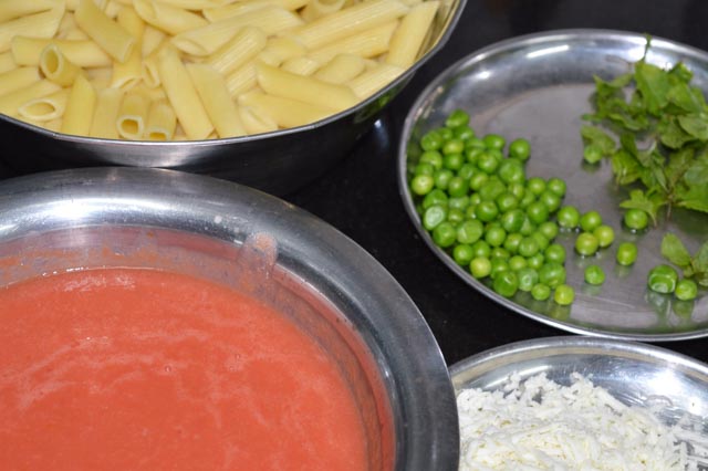 mise en place for Penne Paneer Matar